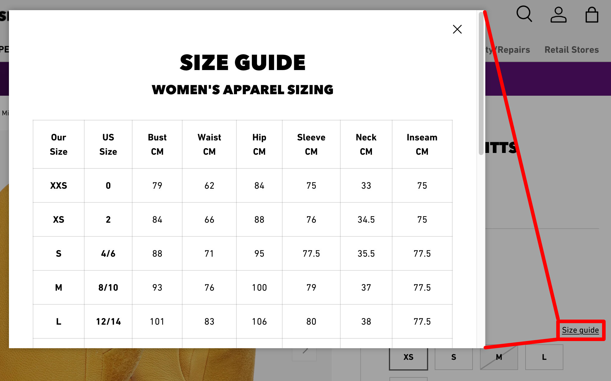 Size guide for Apparel Products