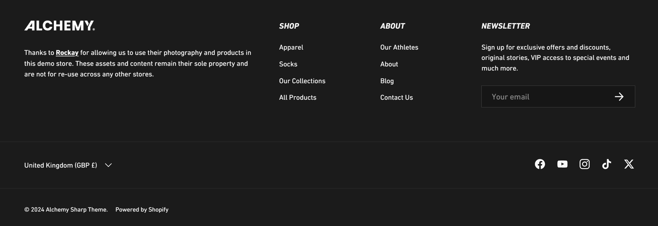 Image showing the Alchemy theme footer with content and links